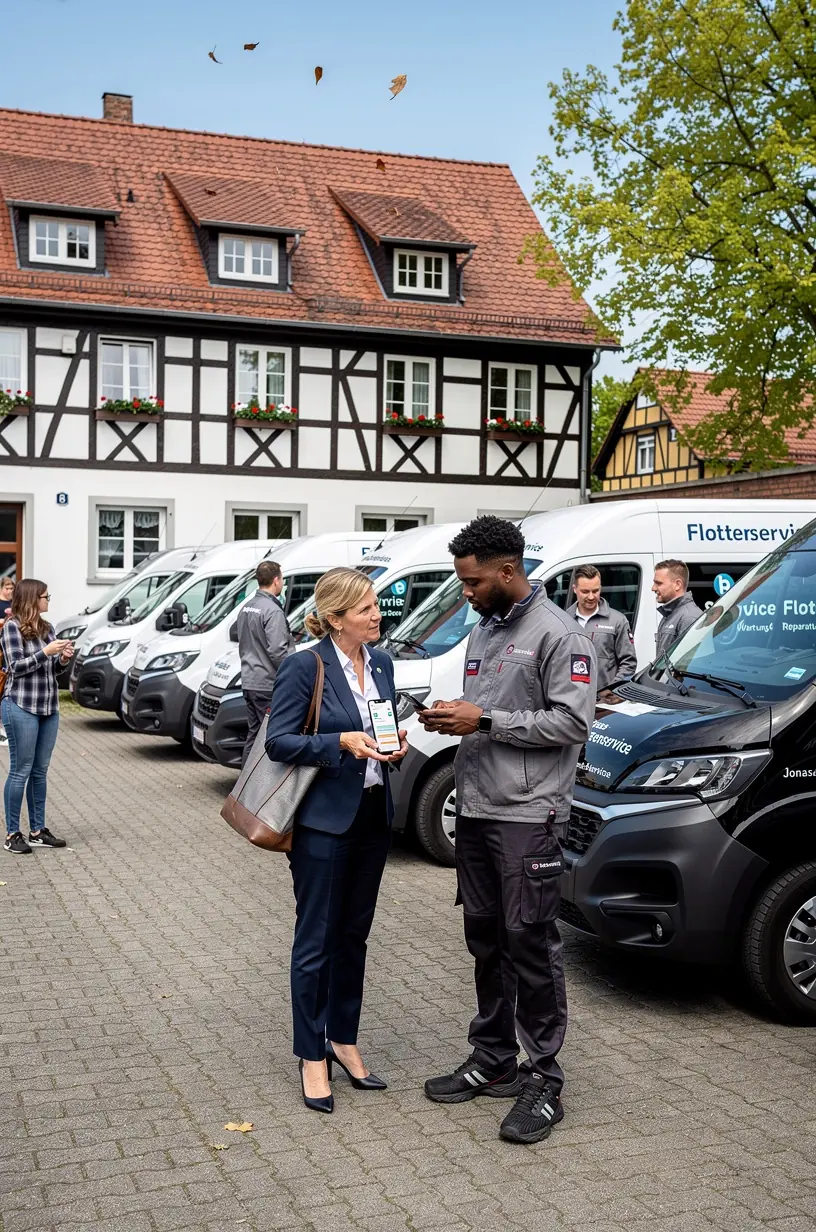 Grafische Darstellung eines Wartungsplans für Kleinbusse und Firmenwagen mit hervorgehobenen Serviceterminen und optimierter Einsatzplanung.